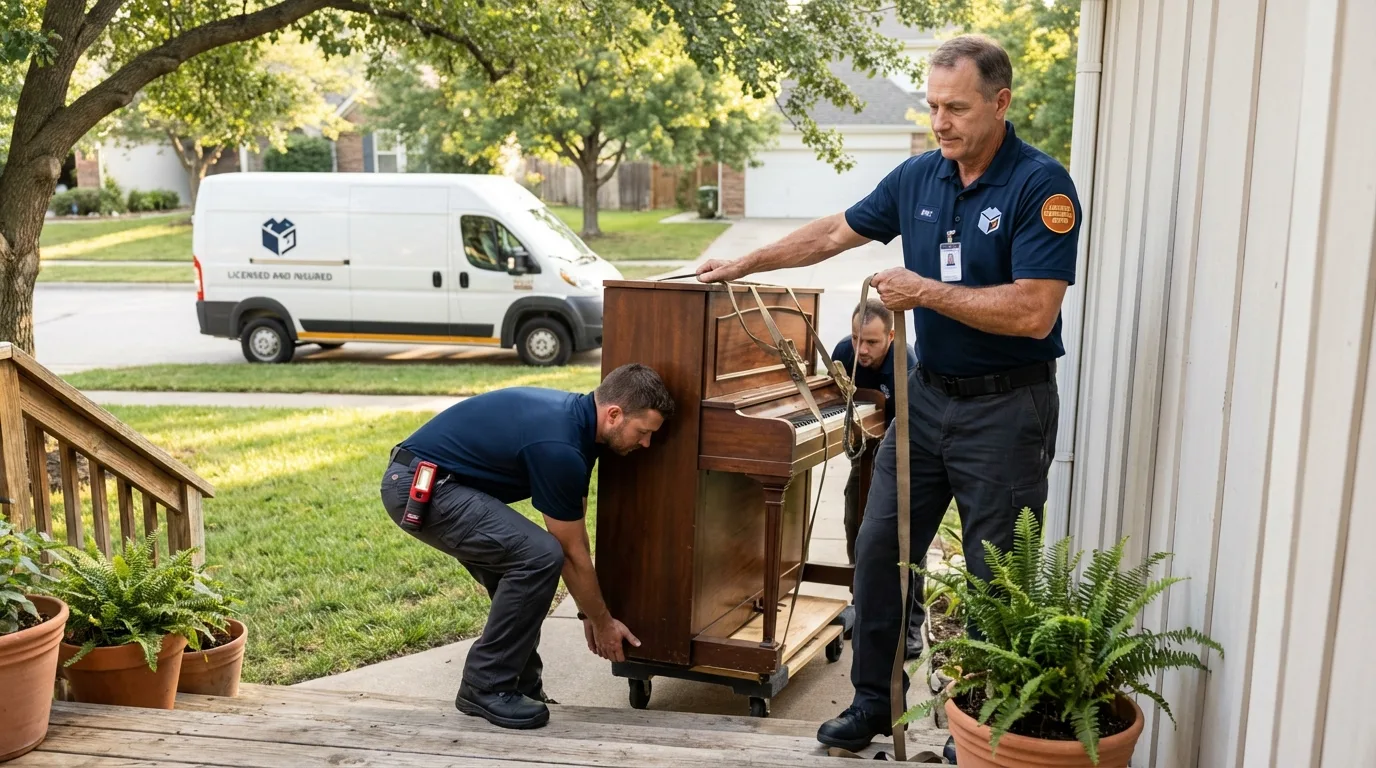 Licensed piano movers securing grand piano in North Lewisburg, OH