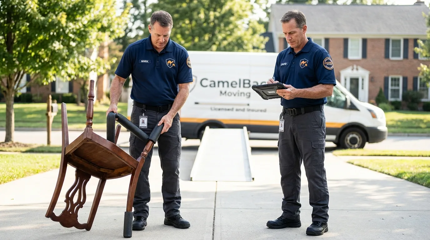 Movers inspecting furniture for damage prevention before loading in North Lewisburg, OH