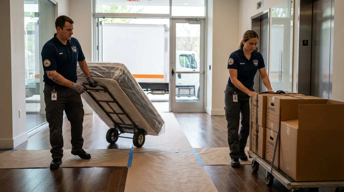 Professional apartment movers loading elevator in North Lewisburg, OH